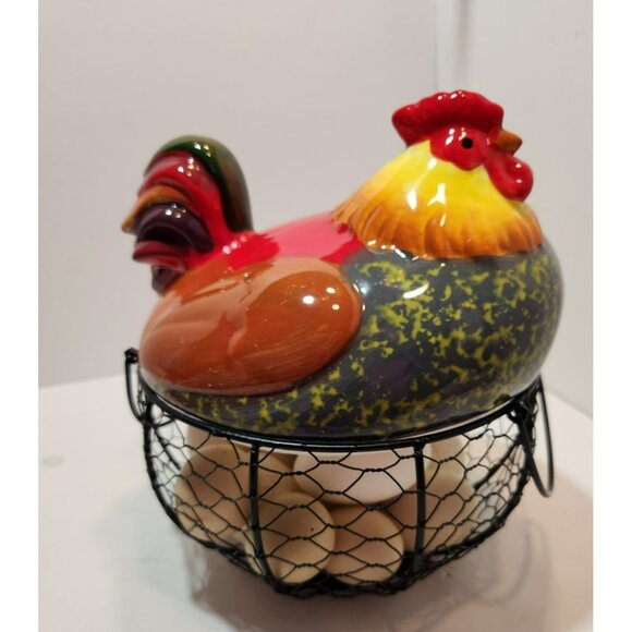Ceramic Chicken Sitting on Black Metal Egg Basket with Eggs Farmhouse Decor - Picture 8 of 15